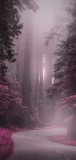 A dreamy pink-hued forest path with misty trees and a winding road.