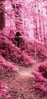 Mystical pink forest path with lush foliage.