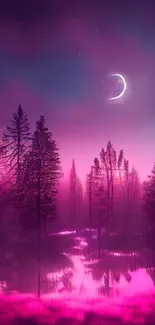 Mystical pink forest with crescent moon and magenta hues.