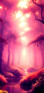 Mystical forest with pink hues and dreamy scenery.