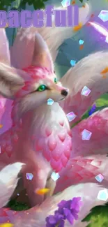 Mystical pink fox with vibrant tails amidst nature.