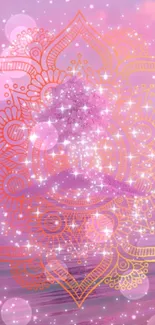 Mystical pink mandala with sparkles in the center on a light pink background.