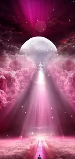 Mystical pink moon with clouds and glowing pathway wallpaper.