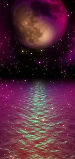 Mystical pink moon and stars reflect over ocean.