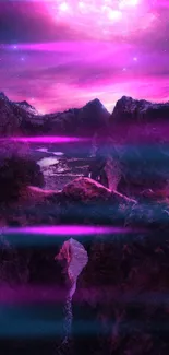 Mystical pink and purple mountain night sky landscape wallpaper.