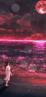 Girl stands by a pink ocean under a glowing full moon at sunset.