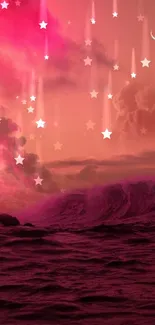 Mystical pink ocean waves under a dreamy night sky.