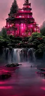 A mystical scene featuring a glowing pink pagoda amidst waterfalls and lush trees.