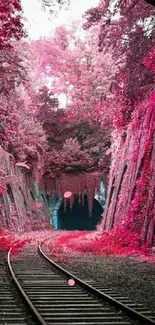 Enchanting railway through vibrant pink forest foliage.