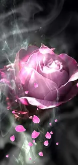 A mystical pink rose with smoke on a dark background.