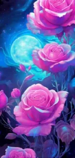 Mystical pink roses against a cosmic blue background.