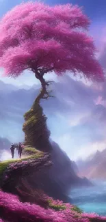 Fantasy landscape with vibrant pink tree.