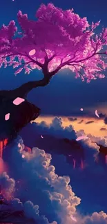 Pink cherry blossom tree on cliff at sunset.