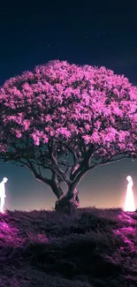 Mystical pink tree glowing under a serene night sky.