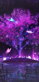 Mystical pink tree with butterflies and vibrant colors.