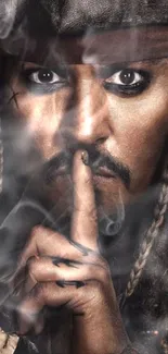 Mystical pirate posing with finger to lips, surrounded by burnt paper edges.