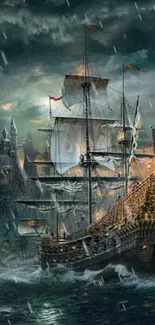 Pirate ship sailing through stormy seas with a mystical castle in the background.