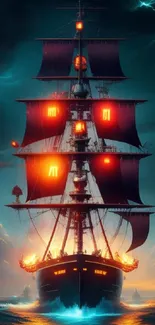 Fiery pirate ship sailing on a stormy sea with dark sky.