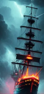 Pirate ship in stormy skies with a glowing aura, perfect for mobile wallpaper.