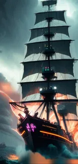 Pirate ship sails through stormy seas with vivid lightning in the background.