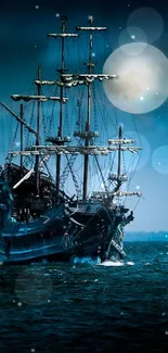 Pirate ship sailing under a full moon on a dark ocean.