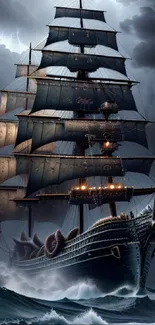 Mystical pirate ship sails through stormy seas under dark, cloudy sky.