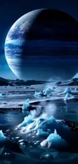 Futuristic icy landscape under a large planet in deep space.