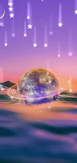 Mystical planet floating above violet ocean waves under a starlit sky.