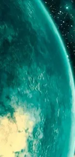 Mystical teal planet surrounded by cosmic stars.