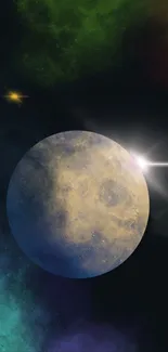 Mystical planet with cosmic background, luminous lighting.