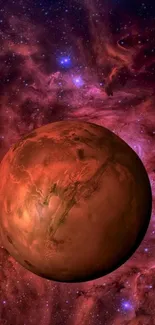 Red planet against a vibrant cosmic background in space.