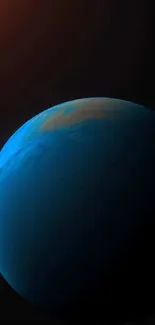 Mystical blue planet with orange glow against dark space backdrop.