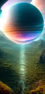 Surreal landscape with a mystical planet and vibrant colors.