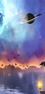 Mystical landscape with planets and birds under a starry sky.