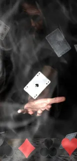 Magical wallpaper with floating playing cards in smoke.