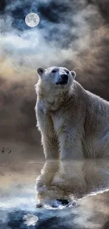 Polar bear under moonlight with water reflection.