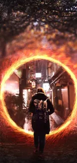 Person entering a mystical glowing portal in a vibrant city alley.