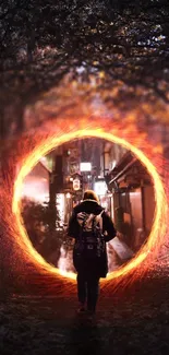 Person walking towards a glowing mystical portal in a dark forest.
