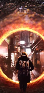 Mystical portal leading to city alley with fiery circle glowing.