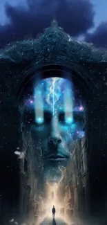 Mystical face with glowing lights in portal art wallpaper.