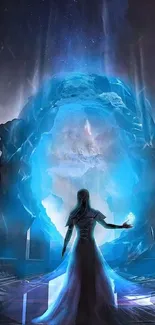 Mystical silhouette and glowing blue portal in a fantasy wallpaper.