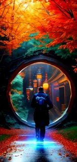 A mystical portal in an autumn forest pathway with vivid red-orange foliage.