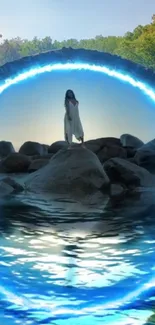 Woman standing by a glowing portal over a river in a lush forest.