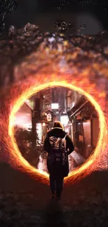 Person walks into a glowing orange portal in a mystical city alley.