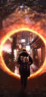 A person walking towards a fiery portal in a city street at night.