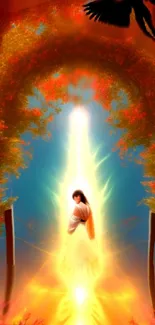 Mystical fantasy scene with glowing portal and ethereal figure.