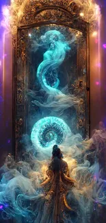 Fantasy art wallpaper depicting a mystical portal with blue and golden hues.