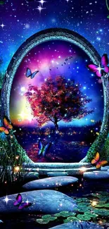 Mystical portal with cosmic tree and butterflies.