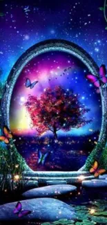 Fantasy portal with butterflies and a cosmic tree in vibrant colors.