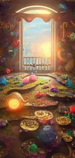 Mystical fantasy room with a portal at sunset.